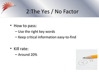 2:The Yes / No Factor

• How to pass:
   – Use the right key words
   – Keep critical information easy-to-find


• Kill rate:
   – Around 20%
 