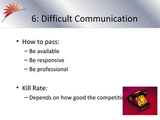 6: Difficult Communication

• How to pass:
   – Be available
   – Be responsive
   – Be professional


• Kill Rate:
   – Depends on how good the competition is
 