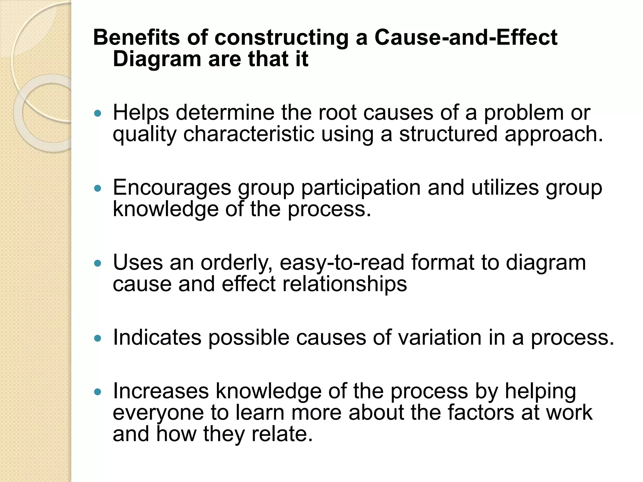 Benefits of constructing a Cause-and-Effect 
Diagram are that it 
 Helps determine the root causes of a problem or 
quality characteristic using a structured approach. 
 Encourages group participation and utilizes group 
knowledge of the process. 
 Uses an orderly, easy-to-read format to diagram 
cause and effect relationships 
 Indicates possible causes of variation in a process. 
 Increases knowledge of the process by helping 
everyone to learn more about the factors at work 
and how they relate. 
 