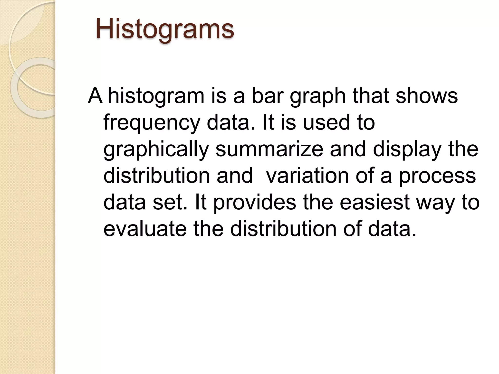 Histograms 
A histogram is a bar graph that shows 
frequency data. It is used to 
graphically summarize and display the 
distribution and variation of a process 
data set. It provides the easiest way to 
evaluate the distribution of data. 
 