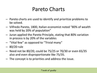 Pareto Charts
– Pareto charts are used to identify and prioritize problems to
be solved.
– Vilfredo Pareto, 1800, Italian economist noted “80% of wealth
was held by 20% of population”
– Juran applied the Pareto Principle, stating that 80% variation
in process is by 20% of the variables
– “Vital few” as opposed to “Trivial many”
– 80/20 rule
– Need not be 80/20, could be 75/25 or 70/30 or even 65/35
also and even disproportionate like 75/35.
– The concept is to priorities and address the issue.
QUALITY TOOLS AND TECHNIQUES
7 tools of quality
 