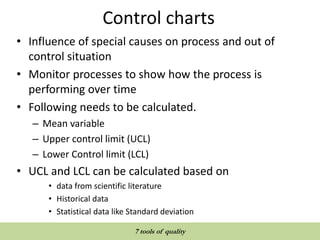 Control charts
• Influence of special causes on process and out of
control situation
• Monitor processes to show how the process is
performing over time
• Following needs to be calculated.
– Mean variable
– Upper control limit (UCL)
– Lower Control limit (LCL)
• UCL and LCL can be calculated based on
• data from scientific literature
• Historical data
• Statistical data like Standard deviation
QUALITY TOOLS AND TECHNIQUES
7 tools of quality
 
