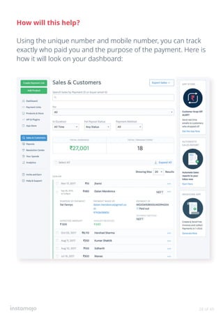 28 of 49
How will this help?
Using the unique number and mobile number, you can track
exactly who paid you and the purpose of the payment. Here is
how it will look on your dashboard:
 