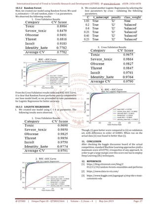 International Journal of Trend in Scientific Research and Development (IJTSRD) @ www.ijtsrd.com eISSN: 2456-6470
@ IJTSRD | Unique Paper ID - IJTSRD23464 | Volume – 3 | Issue – 4 | May-Jun 2019 Page: 27
10.3.2 Random Forest:
Next, we created our model using Random Forest. We used
n_estimators = 10 and random_state = 1 as parameters.
We observed the following results:
1. Cross Validation Results
2. ROC – AUC Curve
From the Cross Validation results table and ROC-AUC Curve,
it is clear that Random Forest performs poorly compared to
our base model itself, so we proceeded to tune parameters
for Logistic Regression for better accuracy.
10.3.3 LOGISTIC REGRESSION
I. We created one model using C = 4 as parameter. The
following results were observed.
1. Cross Validation Results
2. ROC –AUC Curve
II. We created another Logistic Regression by selecting the
best parameters by cross - validating the following
parameters.
3. Cross Validation Results
4. ROC – AUC Curve
Though, (i) gave better score compared to (ii) on validation
set, with difference in order of 0.0001. When run on the
actual data (ii) was found to better than (i).
11. CONCLUSION
After checking the kaggle discussion board of the actual
competition, standard Machine Learning approaches yield a
maximum score of 0.9792, irrespective of any approach. In
order to get a large margin over this score one has to employ
Deep Learning (DL) techniques.
12. REFERENCES
[1] https://blog.citizennet.com/blog/2
012/11/10/random-forests-ensembles-and-performa
[2] https://www.data-to-viz.com/
[3] https://www.kaggle.com/jagangupt a/stop-the-s-toxic-
comments-eda
 