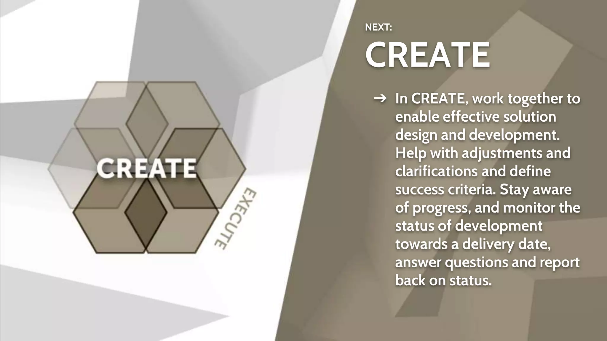 NEXT:
CREATE
➔ In CREATE, work together to
enable effective solution
design and development.
Help with adjustments and
clarifications and define
success criteria. Stay aware
of progress, and monitor the
status of development
towards a delivery date,
answer questions and report
back on status.
 