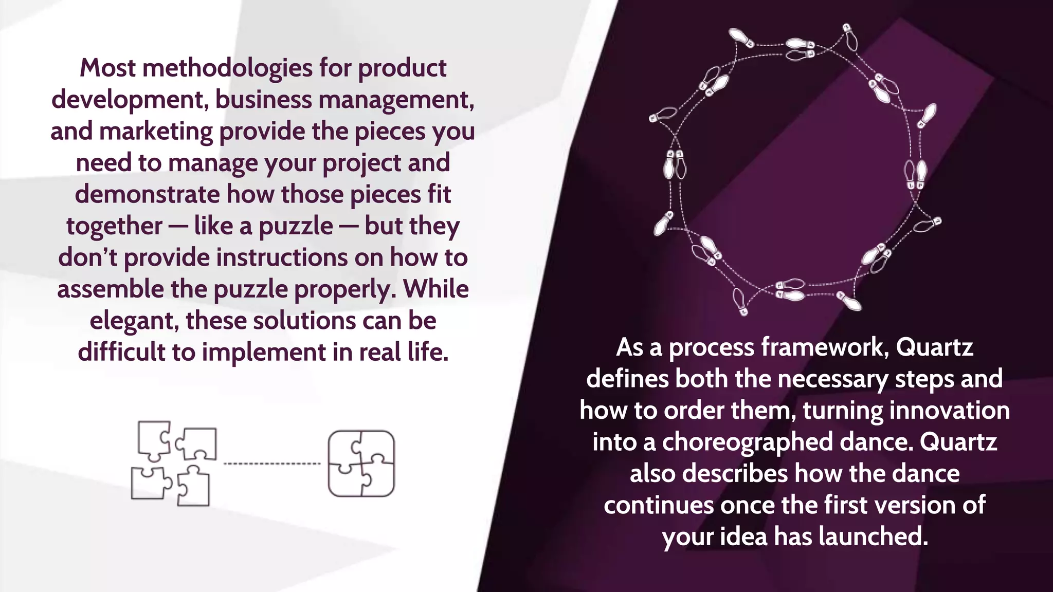 Most methodologies for product
development, business management,
and marketing provide the pieces you
need to manage your project and
demonstrate how those pieces fit
together — like a puzzle — but they
don’t provide instructions on how to
assemble the puzzle properly. While
elegant, these solutions can be
difficult to implement in real life. As a process framework, Quartz
defines both the necessary steps and
how to order them, turning innovation
into a choreographed dance. Quartz
also describes how the dance
continues once the first version of
your idea has launched.
 