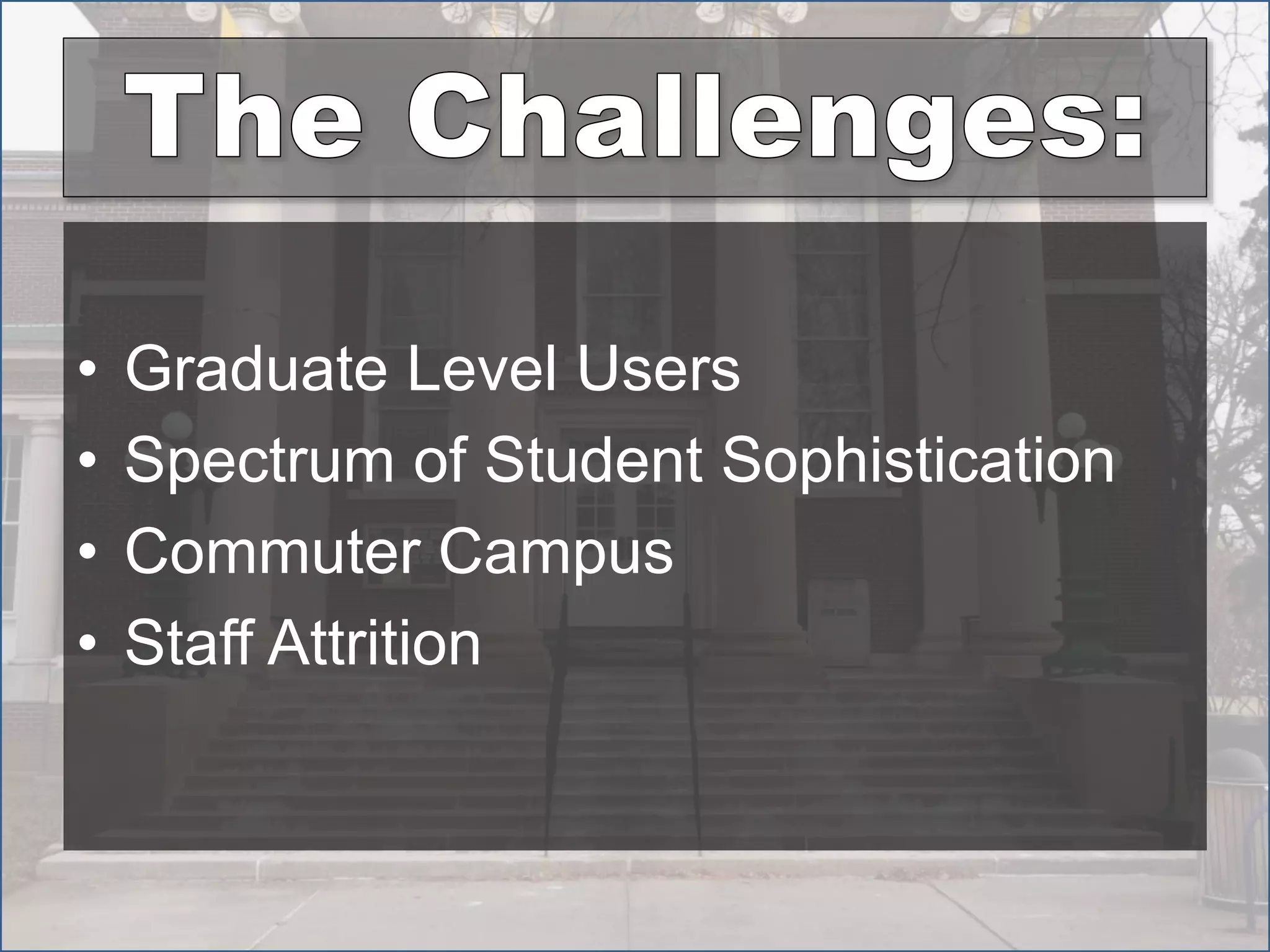 • Graduate Level Users
• Spectrum of Student Sophistication
• Commuter Campus
• Staff Attrition
 