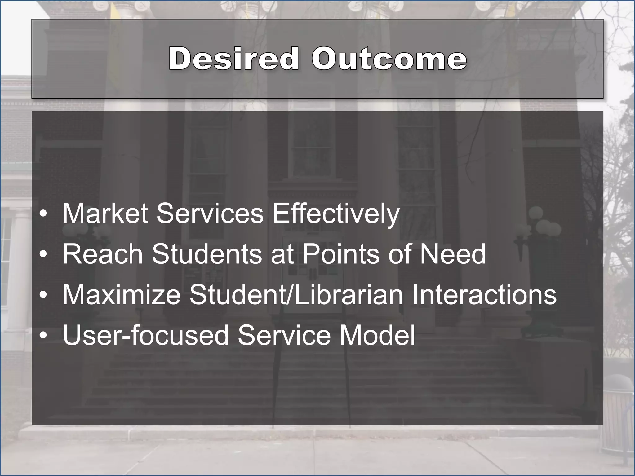 • Market Services Effectively
• Reach Students at Points of Need
• Maximize Student/Librarian Interactions
• User-focused Service Model
 