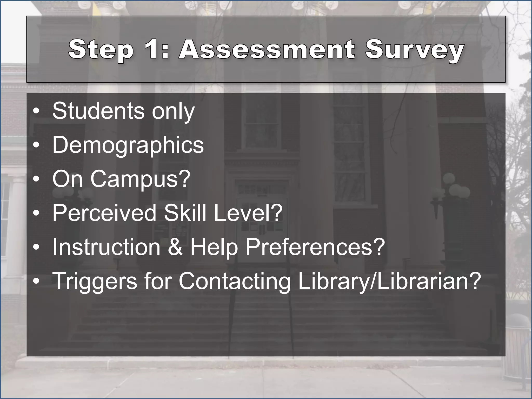 • Students only
• Demographics
• On Campus?
• Perceived Skill Level?
• Instruction & Help Preferences?
• Triggers for Contacting Library/Librarian?
 