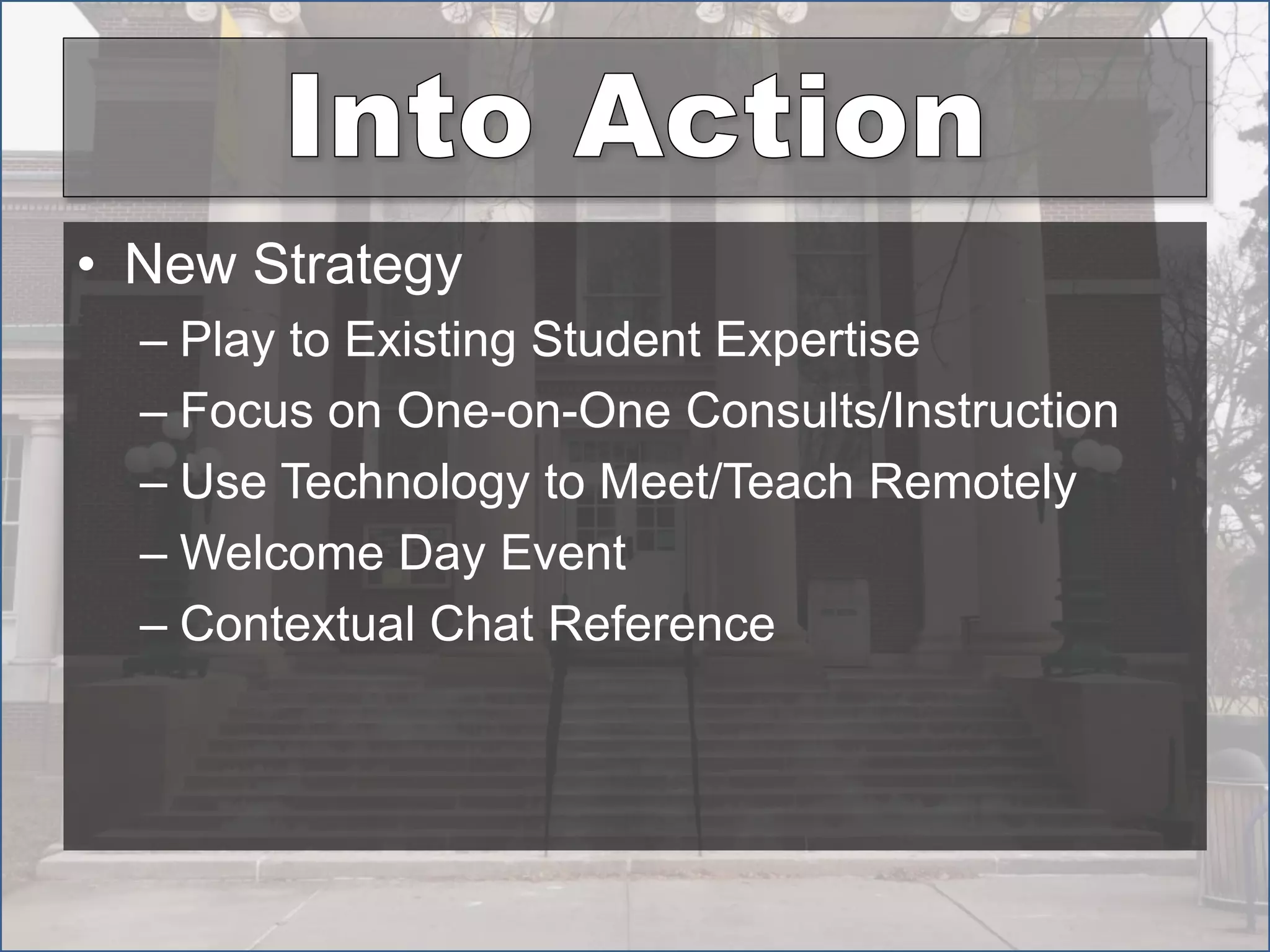 • New Strategy
– Play to Existing Student Expertise
– Focus on One-on-One Consults/Instruction
– Use Technology to Meet/Teach Remotely
– Welcome Day Event
– Contextual Chat Reference
 