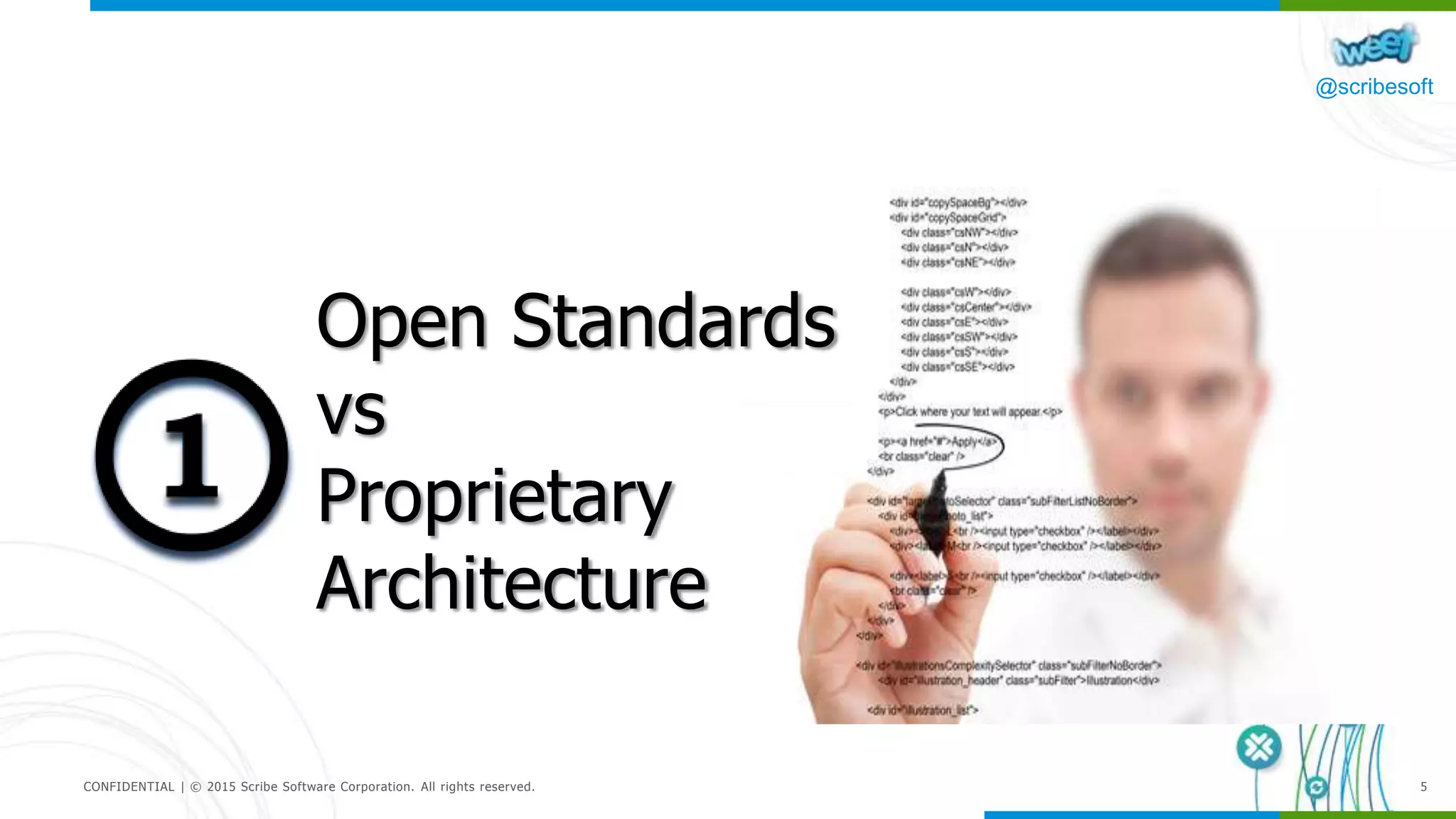 @scribesoft
CONFIDENTIAL | © 2015 Scribe Software Corporation. All rights reserved. 5
Open Standards
vs
Proprietary
Architecture
 