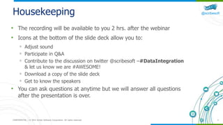 @scribesoft
CONFIDENTIAL | © 2015 Scribe Software Corporation. All rights reserved. 2
Housekeeping
• The recording will be available to you 2 hrs. after the webinar
• Icons at the bottom of the slide deck allow you to:
◦ Adjust sound
◦ Participate in Q&A
◦ Contribute to the discussion on twitter @scribesoft –#DataIntegration
& let us know we are #AWESOME!
◦ Download a copy of the slide deck
◦ Get to know the speakers
• You can ask questions at anytime but we will answer all questions
after the presentation is over.
 