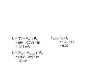 IB = (5V – VBE) / RB
= (5V – 0,7V) / 3K
= 1,43 mA
IC = (VCC – VF(LED) ) / RC
= (15V – 2V) / 1K
= 13 mA

β (MIN) = IC / IB
= 13 / 1,43
= 9,09

 
