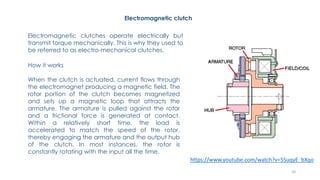 20
https://www.youtube.com/watch?v=5SuqyE_bXqo
Electromagnetic clutch
Electromagnetic clutches operate electrically but
transmit torque mechanically. This is why they used to
be referred to as electro-mechanical clutches.
How it works
When the clutch is actuated, current flows through
the electromagnet producing a magnetic field. The
rotor portion of the clutch becomes magnetized
and sets up a magnetic loop that attracts the
armature. The armature is pulled against the rotor
and a frictional force is generated at contact.
Within a relatively short time, the load is
accelerated to match the speed of the rotor,
thereby engaging the armature and the output hub
of the clutch. In most instances, the rotor is
constantly rotating with the input all the time.
 