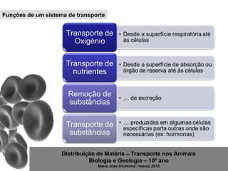 Distribuição de Matéria – Transporte nos Animais
Biologia e Geologia – 10º ano
Maria João Drumond / março 2015
Funções de um sistema de transporte
 
