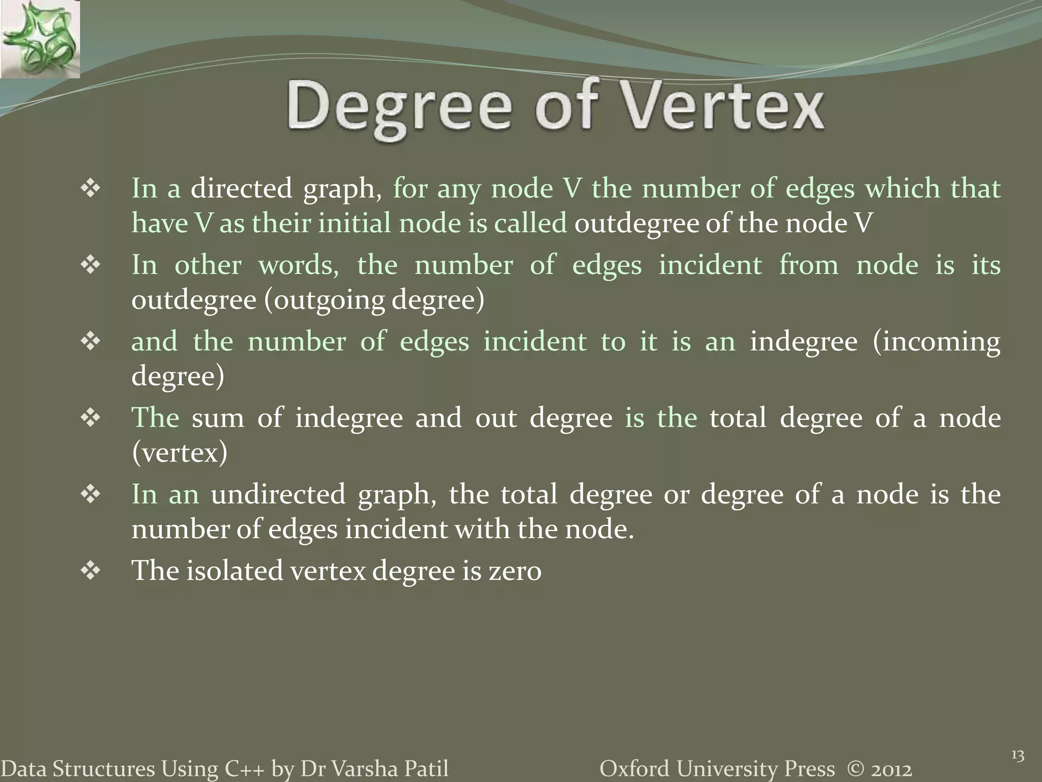 Oxford University Press © 2012Data Structures Using C++ by Dr Varsha Patil  In a directed graph, for any node V the number of edges which that have V as their initial node is called outdegree of the node V  In other words, the number of edges incident from node is its outdegree (outgoing degree)  and the number of edges incident to it is an indegree (incoming degree)  The sum of indegree and out degree is the total degree of a node (vertex)  In an undirected graph, the total degree or degree of a node is the number of edges incident with the node.  The isolated vertex degree is zero 13 
