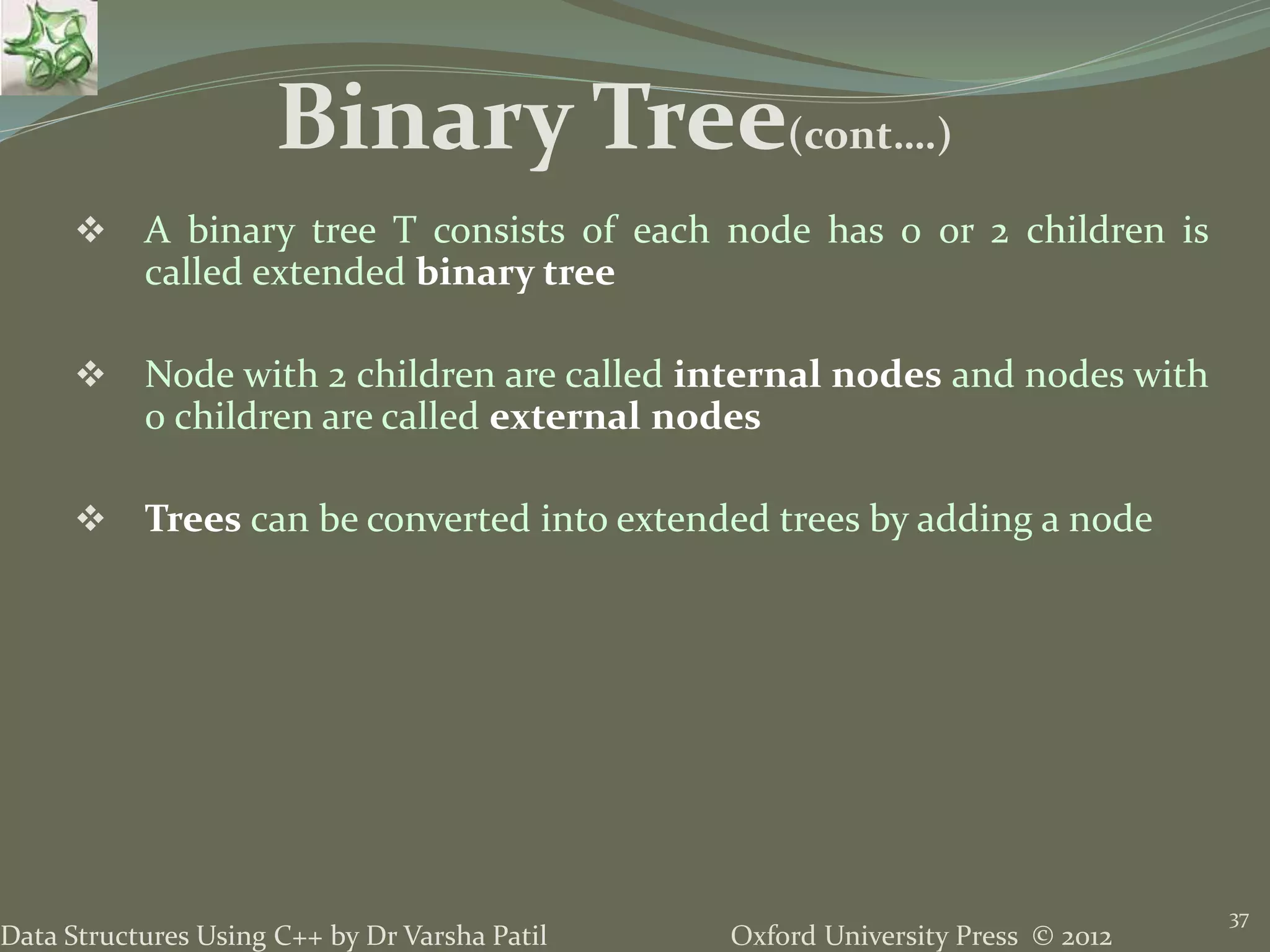 Oxford University Press © 2012Data Structures Using C++ by Dr Varsha Patil 37  A binary tree T consists of each node has 0 or 2 children is called extended binary tree  Node with 2 children are called internal nodes and nodes with 0 children are called external nodes  Trees can be converted into extended trees by adding a node Binary Tree(cont….) 