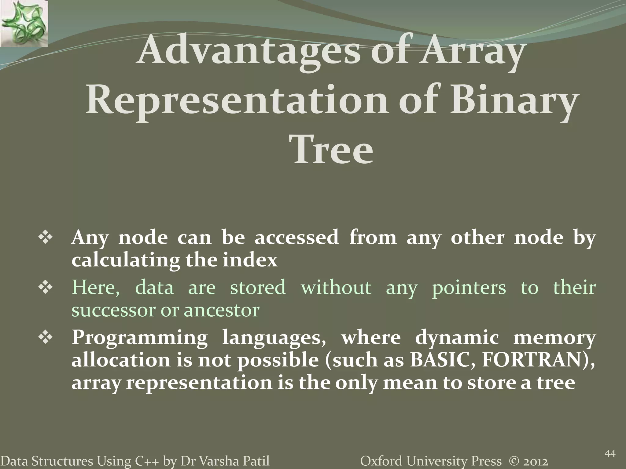 Oxford University Press © 2012Data Structures Using C++ by Dr Varsha Patil 44  Any node can be accessed from any other node by calculating the index  Here, data are stored without any pointers to their successor or ancestor  Programming languages, where dynamic memory allocation is not possible (such as BASIC, FORTRAN), array representation is the only mean to store a tree Advantages of Array Representation of Binary Tree 