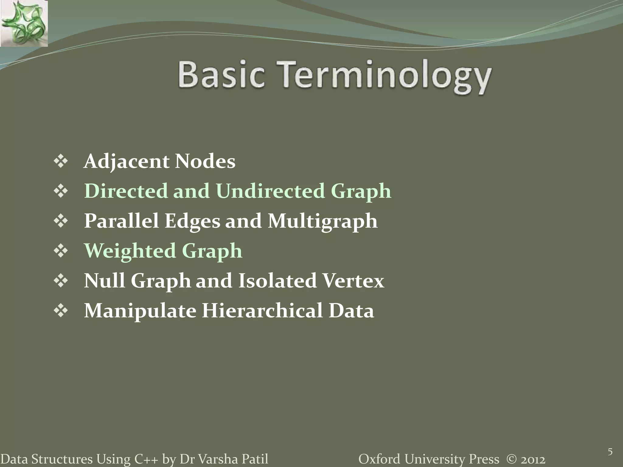 Oxford University Press © 2012Data Structures Using C++ by Dr Varsha Patil  Adjacent Nodes  Directed and Undirected Graph  Parallel Edges and Multigraph  Weighted Graph  Null Graph and Isolated Vertex  Manipulate Hierarchical Data 5 