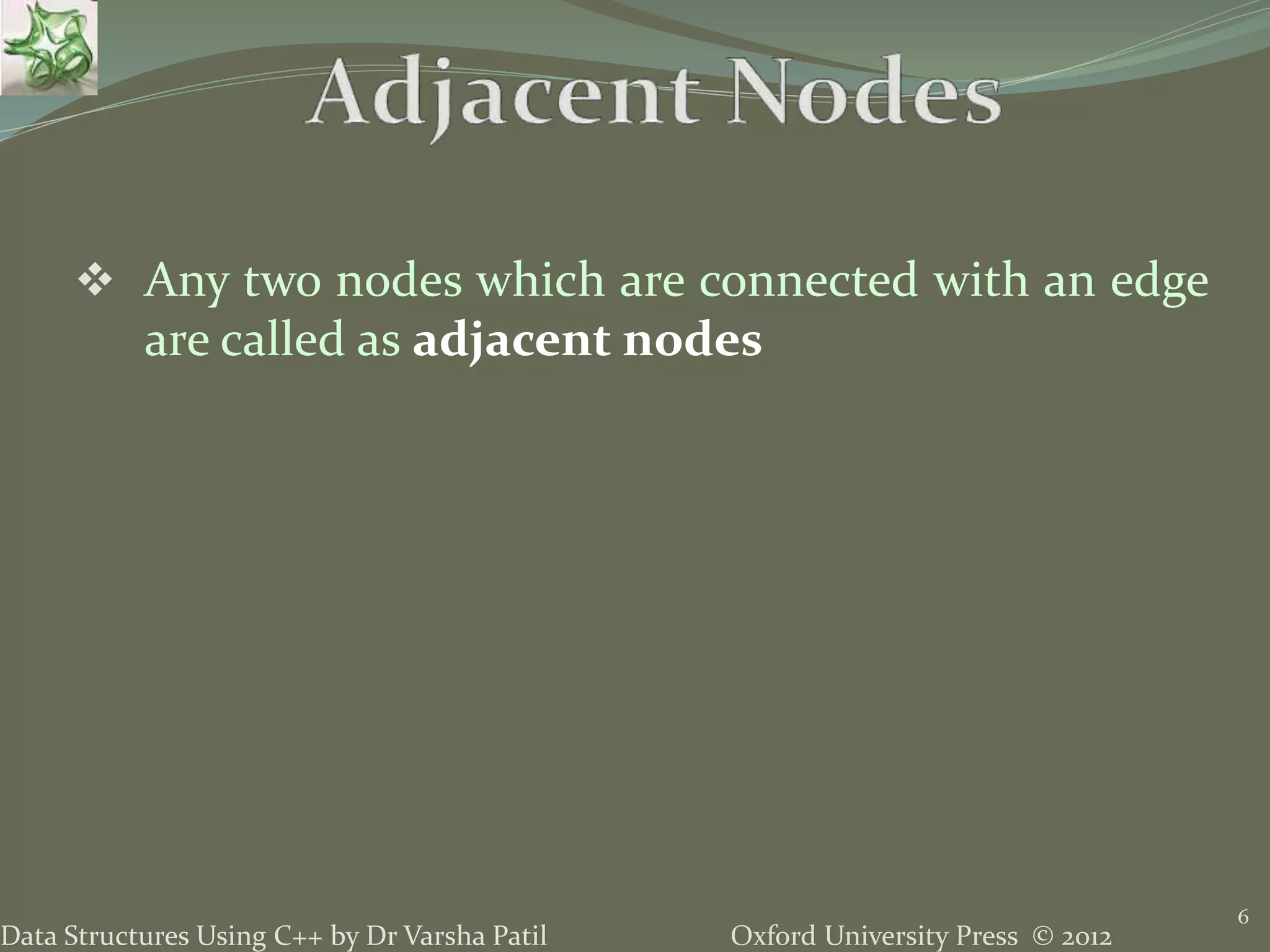 Oxford University Press © 2012Data Structures Using C++ by Dr Varsha Patil 6  Any two nodes which are connected with an edge are called as adjacent nodes 