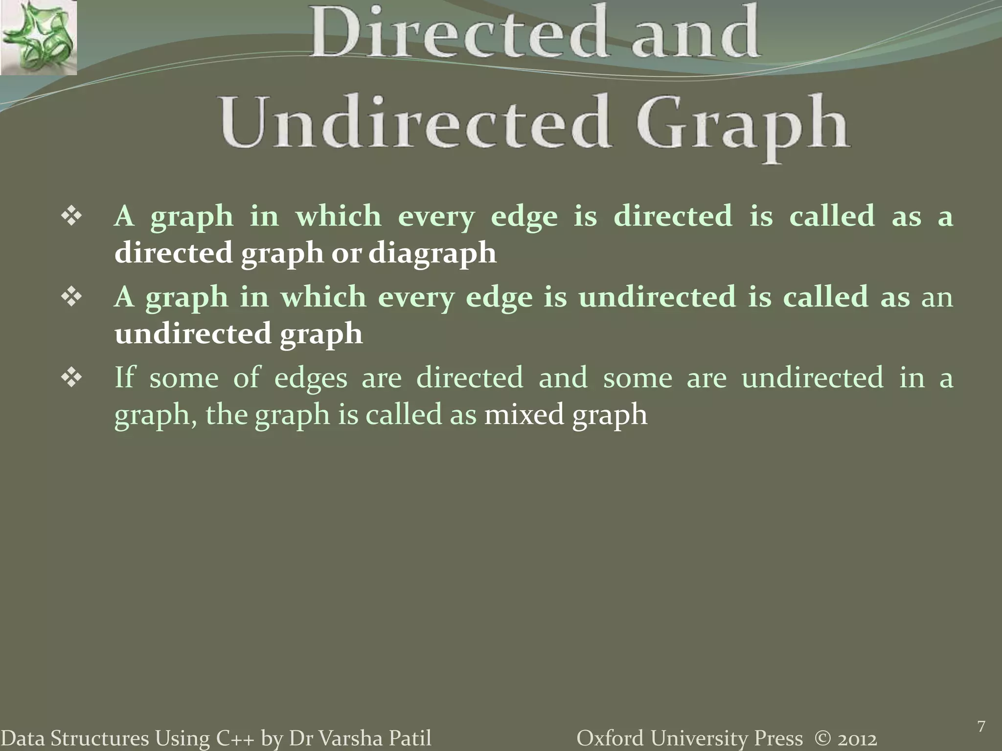 Oxford University Press © 2012Data Structures Using C++ by Dr Varsha Patil 7  A graph in which every edge is directed is called as a directed graph or diagraph  A graph in which every edge is undirected is called as an undirected graph  If some of edges are directed and some are undirected in a graph, the graph is called as mixed graph 