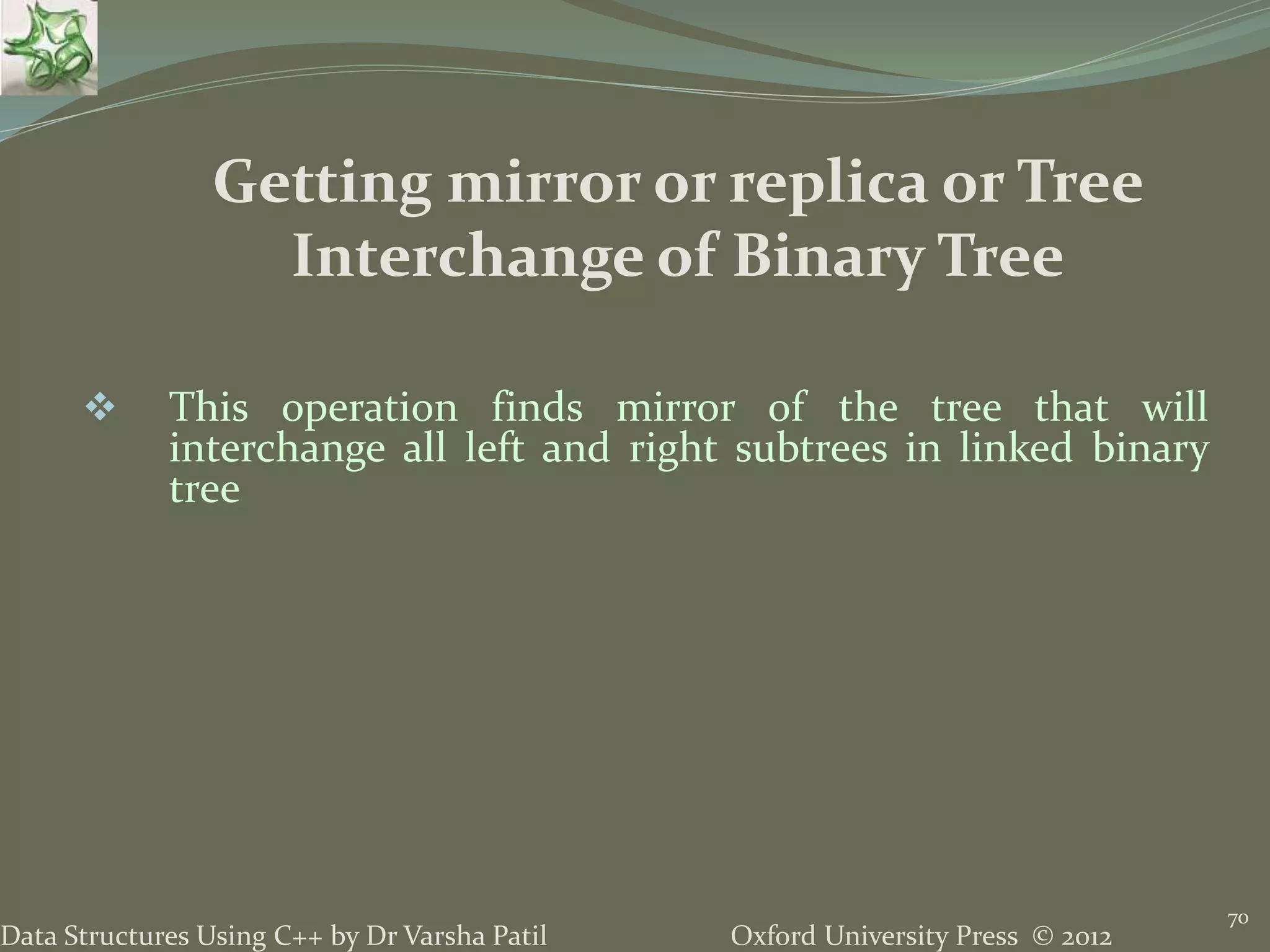Oxford University Press © 2012Data Structures Using C++ by Dr Varsha Patil 70  This operation finds mirror of the tree that will interchange all left and right subtrees in linked binary tree Getting mirror or replica or Tree Interchange of Binary Tree 