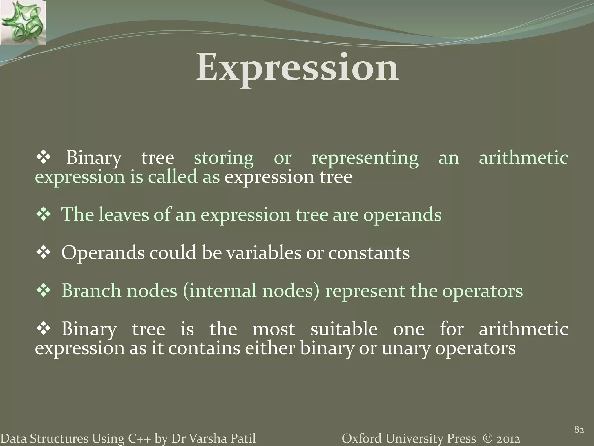 Oxford University Press © 2012Data Structures Using C++ by Dr Varsha Patil 82  Binary tree storing or representing an arithmetic expression is called as expression tree  The leaves of an expression tree are operands  Operands could be variables or constants  Branch nodes (internal nodes) represent the operators  Binary tree is the most suitable one for arithmetic expression as it contains either binary or unary operators Expression 