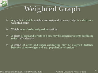 Oxford University Press © 2012Data Structures Using C++ by Dr Varsha Patil
10
 A graph in which weights are assigned to every edge is called as a
weighted graph
 Weights can also be assigned to vertices
 A graph of area and streets of a city may be assigned weights according
to its traffic density
 A graph of areas and roads connecting may be assigned distance
between cities to edges and area population to vertices
 