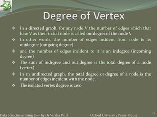 Oxford University Press © 2012Data Structures Using C++ by Dr Varsha Patil
 In a directed graph, for any node V the number of edges which that
have V as their initial node is called outdegree of the node V
 In other words, the number of edges incident from node is its
outdegree (outgoing degree)
 and the number of edges incident to it is an indegree (incoming
degree)
 The sum of indegree and out degree is the total degree of a node
(vertex)
 In an undirected graph, the total degree or degree of a node is the
number of edges incident with the node.
 The isolated vertex degree is zero
13
 