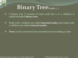 Oxford University Press © 2012Data Structures Using C++ by Dr Varsha Patil
37
 A binary tree T consists of each node has 0 or 2 children is
called extended binary tree
 Node with 2 children are called internal nodes and nodes with
0 children are called external nodes
 Trees can be converted into extended trees by adding a node
Binary Tree(cont….)
 