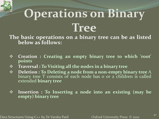 Oxford University Press © 2012Data Structures Using C++ by Dr Varsha Patil
40
The basic operations on a binary tree can be as listed
below as follows:
 Creation : Creating an empty binary tree to which 'root'
points
 Traversal : To Visiting all the nodes in a binary tree
 Deletion : To Deleting a node from a non-empty binary tree A
binary tree T consists of each node has 0 or 2 children is called
extended binary tree
 Insertion : To Inserting a node into an existing (may be
empty) binary tree
Operations on Binary
Tree
 