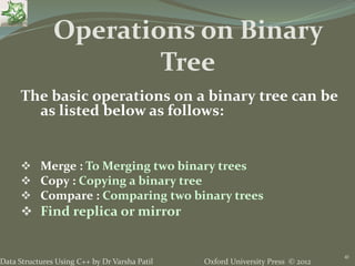 Oxford University Press © 2012Data Structures Using C++ by Dr Varsha Patil
41
The basic operations on a binary tree can be
as listed below as follows:
 Merge : To Merging two binary trees
 Copy : Copying a binary tree
 Compare : Comparing two binary trees
 Find replica or mirror
Operations on Binary
Tree
 