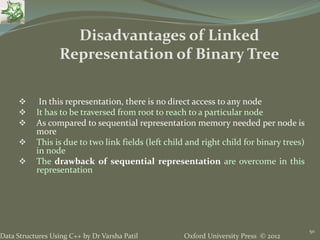 Oxford University Press © 2012Data Structures Using C++ by Dr Varsha Patil
50
 In this representation, there is no direct access to any node
 It has to be traversed from root to reach to a particular node
 As compared to sequential representation memory needed per node is
more
 This is due to two link fields (left child and right child for binary trees)
in node
 The drawback of sequential representation are overcome in this
representation
Disadvantages of Linked
Representation of Binary Tree
 