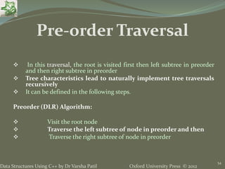 Oxford University Press © 2012Data Structures Using C++ by Dr Varsha Patil
54
 In this traversal, the root is visited first then left subtree in preorder
and then right subtree in preorder
 Tree characteristics lead to naturally implement tree traversals
recursively
 It can be defined in the following steps.
Preorder (DLR) Algorithm:
 Visit the root node
 Traverse the left subtree of node in preorder and then
 Traverse the right subtree of node in preorder
Pre-order Traversal
 