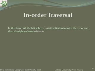 Oxford University Press © 2012Data Structures Using C++ by Dr Varsha Patil
56
In-order Traversal
In this traversal, the left subtree is visited first in inorder, then root and
then the right subtree in inorder
 