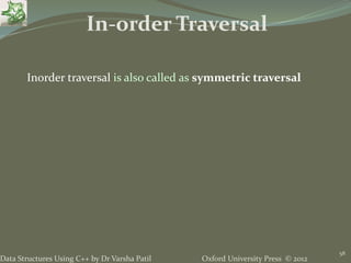 Oxford University Press © 2012Data Structures Using C++ by Dr Varsha Patil
58
In-order Traversal
Inorder traversal is also called as symmetric traversal
 