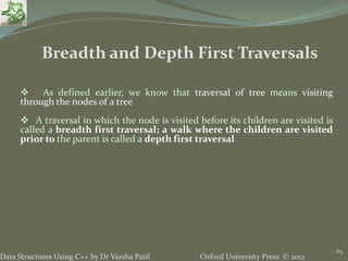 Oxford University Press © 2012Data Structures Using C++ by Dr Varsha Patil
65
 As defined earlier, we know that traversal of tree means visiting
through the nodes of a tree
 A traversal in which the node is visited before its children are visited is
called a breadth first traversal; a walk where the children are visited
prior to the parent is called a depth first traversal
Breadth and Depth First Traversals
 