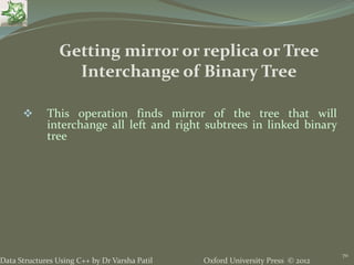 Oxford University Press © 2012Data Structures Using C++ by Dr Varsha Patil
70
 This operation finds mirror of the tree that will
interchange all left and right subtrees in linked binary
tree
Getting mirror or replica or Tree
Interchange of Binary Tree
 
