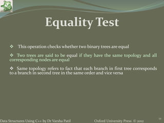 Oxford University Press © 2012Data Structures Using C++ by Dr Varsha Patil
72
 This operation checks whether two binary trees are equal
 Two trees are said to be equal if they have the same topology and all
corresponding nodes are equal
 Same topology refers to fact that each branch in first tree corresponds
to a branch in second tree in the same order and vice versa
Equality Test
 