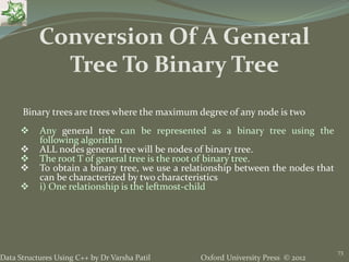 Oxford University Press © 2012Data Structures Using C++ by Dr Varsha Patil
73
Binary trees are trees where the maximum degree of any node is two
 Any general tree can be represented as a binary tree using the
following algorithm
 ALL nodes general tree will be nodes of binary tree.
 The root T of general tree is the root of binary tree.
 To obtain a binary tree, we use a relationship between the nodes that
can be characterized by two characteristics
 i) One relationship is the leftmost-child
Conversion Of A General
Tree To Binary Tree
 