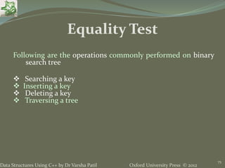 Oxford University Press © 2012Data Structures Using C++ by Dr Varsha Patil
75
Following are the operations commonly performed on binary
search tree
 Searching a key
 Inserting a key
 Deleting a key
 Traversing a tree
Equality Test
 