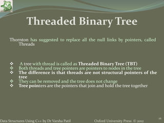 Oxford University Press © 2012Data Structures Using C++ by Dr Varsha Patil
76
Thornton has suggested to replace all the null links by pointers, called
Threads
 A tree with thread is called as Threaded Binary Tree (TBT)
 Both threads and tree pointers are pointers to nodes in the tree
 The difference is that threads are not structural pointers of the
tree
 They can be removed and the tree does not change
 Tree pointers are the pointers that join and hold the tree together
Threaded Binary Tree
 