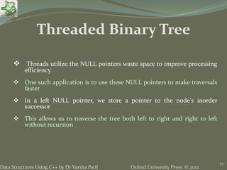 Oxford University Press © 2012Data Structures Using C++ by Dr Varsha Patil
77
 Threads utilize the NULL pointers waste space to improve processing
efficiency
 One such application is to use these NULL pointers to make traversals
faster
 In a left NULL pointer, we store a pointer to the node's inorder
successor
 This allows us to traverse the tree both left to right and right to left
without recursion
Threaded Binary Tree
 
