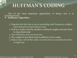 Oxford University Press © 2012Data Structures Using C++ by Dr Varsha Patil
88
One of the most important applications of binary tree is in
Communication
 Huffman’s Algorithm :
HUFFMAN’S CODING
1. Organize the data into a row as ascending order frequency weights.
Each character is leaf node of a tree.
2. Find two nodes with the smallest combined weights and join them
to form third node
3. This will form a new two level tree
4. The weight of new third node is addition of two nodes.
5. Repeat step 2 till all the nodes on every level are combined to form
a single tree.
 