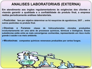 ANALISES LABORATORIAIS (EXTERNA)
Em atendimento aos órgãos regulamentadores às exigências dos clientes e
visando garantir a qualidade e a confiabilidade do produto final, a empresa
realiza periodicamente análises laboratoriais.

Pesticidas: tem por objetivo determinar se há resquícios de agrotóxicos, DDT ... entre
outros pesticidas no produto final.

Dioxinas      e   Furanos:    classe de hidrocarbonetos clorados produzidos
involuntariamente em uma série de processos químicos, térmicos e biológicos. Essas
substâncias estão entre as mais cancerígenas conhecidas, representando um risco muito
grande à saúde e ao meio ambiente.

Micotoxinas: compostos químicos venenosos produzidos por certos fungos.
 