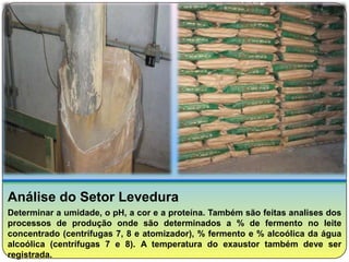 Análise do Setor Levedura
Determinar a umidade, o pH, a cor e a proteína. Também são feitas analises dos
processos de produção onde são determinados a % de fermento no leite
concentrado (centrífugas 7, 8 e atomizador), % fermento e % alcoólica da água
alcoólica (centrífugas 7 e 8). A temperatura do exaustor também deve ser
registrada.
 