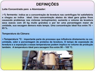 DEFINIÇÕES
Leite Concentrado para o Atomizador:

% fermento: indica se a concentração de levedura nas centrífugas foi satisfatória
e chegou ao índice ideal. Uma concentração abaixo do ideal gera grãos finos
causando problemas nos ciclones (entupimento), aumenta o volume da levedura
seca (sacos com 25 kg muito grandes) e por ter uma porcentagem maior de
umidade, sua secagem demora mais tempo. Uma concentração ideal fica entre 70 –
85 %.

Temperatura da Câmara:

Temperatura °C: importante parte do processo que influência diretamente na cor,
umidade, odor e porcentagem de proteína da levedura. O tempo de exposição da
levedura e a exposição a essas temperaturas podem implica no volume de produção
também. A temperatura ideal para secagem fica entre 90 – 105 °C.
 