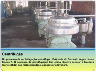 Centrífugas
Do processo de centrifugação (centrífuga HDA) parte do fermento segue para o
tanque 1. O processo de centrifugação tem como objetivo separar a levedura
(parte sólida) dos meios líquidos e concentrar a levedura.
 