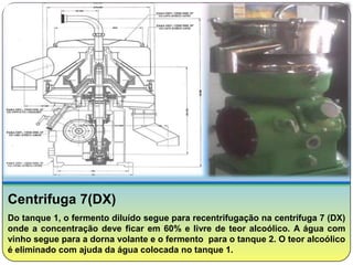 Centrifuga 7(DX)
Do tanque 1, o fermento diluído segue para recentrifugação na centrífuga 7 (DX)
onde a concentração deve ficar em 60% e livre de teor alcoólico. A água com
vinho segue para a dorna volante e o fermento para o tanque 2. O teor alcoólico
é eliminado com ajuda da água colocada no tanque 1.
 