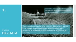 1.

IT WORKS

BIG DATA

Example: the rock band ‘Metallica’ organizes
concerts on locations based on most torrent
and iTunes downloads.

We now get to the point where the big data hype is turning
into relevant ways to use data science in daily work
processes to make better decisions and to analyze social
behavior.

 